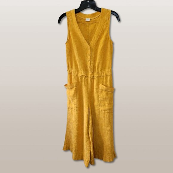 Poetry Linen Blend Jumpsuit Mustard Yellow Crinkle Sleeveless Cropped Wide Leg-6 - Picture 4 of 7
